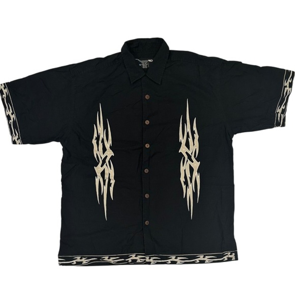 MICROS Urban Lifestyle‎ Mens Medium Black Short Sleeve Button Up Shirt Flame